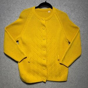 Vintage Yellow Knit Button Front Cardigan Sweater Raglan Sleeve Textured M/L